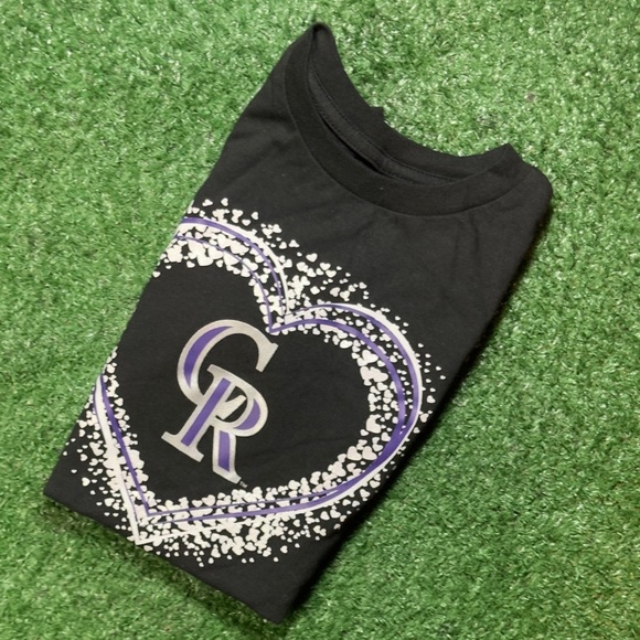 Colorado Rockies Girls Baseball Black with Purple &White Heart Design MLB Tshirt - Picture 4 of 4